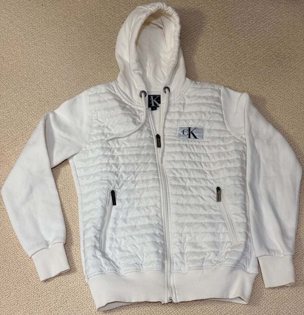 Calvin Klein Jeans White Quilted Hybrid Full Zip Hoodie Jacket with Logo Patch